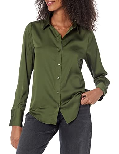Image of Amazon Essentials Women's Classic-Fit Satin Button Down Blouse (Available in Plus Size), Dark Olive, Large