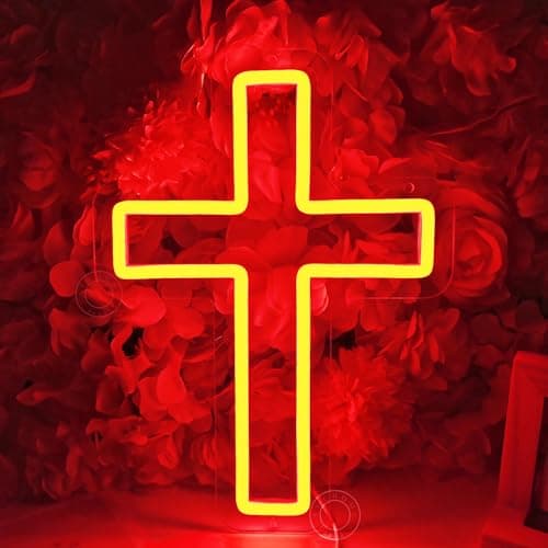 Image of SYLHOME Cross Led Neon Light Sign Kids Bedroom Nursery Wall Sign Decor Christening Baby Shower Wedding Birthday Christmas Party Backdrop Gifts 11.8" X 8.66" USB Red