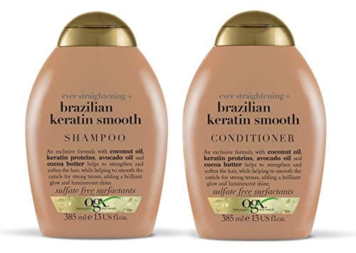 Image of ogx® (formerly Organix) ‘Ever Straight Brazilian Keratin’ smoothing shampoo 385 ml with conditioner 385 ml – for longer lasting style for wavy and curly hair