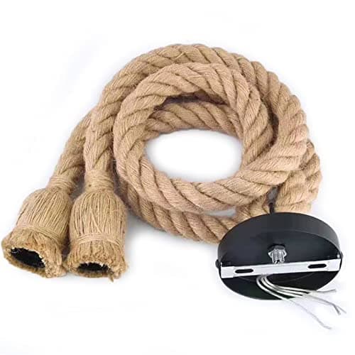 Image of WANGCL Hemp Rope Ceiling Pendant Light, Double Head 1Meter Vintage Rope Pendant Light Fixture E27 Base, Retro Rope Hanging Light Vintage Ceiling Light for Dining Hall Restaurant Cafe Bar (2 Head)