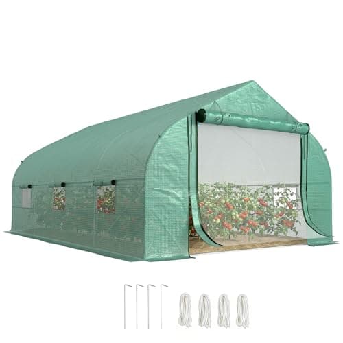 Image of Outsunny Walk-in Polytunnel Garden Greenhouse, Outdoor Mesh Door Greenhouse with PE Cover and 6 Windows, 4.5 x 3 x 2m, Green