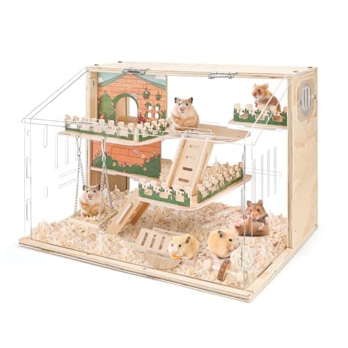 Image of Wooden Hamster Cage Large, 16-Inch 3-Layer Acrylic Hamster Cage, Small Animal Cages With Platform and Playpen for Direct Observation, Pet Supplies