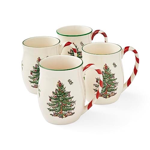 Image of Spode Christmas Tree Mugs with Peppermint Handles Set of 4