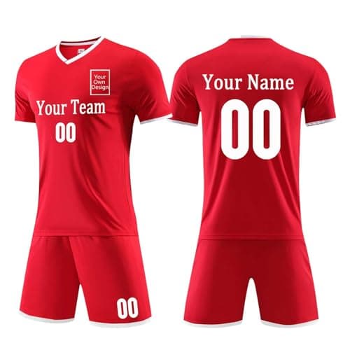 Image of Personalised Football Kits Mens Football Shirt with Number Name Printing Logo Custom Team Jersey & Shorts Set for Men Training Shirts Customisable Sports Kits Customised Football Kit Red XL