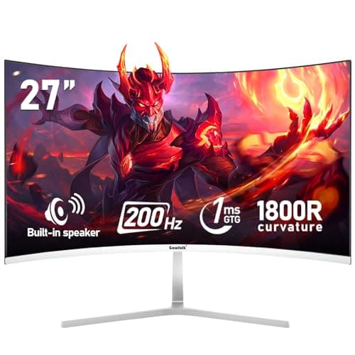 Image of Gawfolk 27 Inch PC computer screen,1800R Curved Gaming 200Hz Monitors, FHD1080p,1ms,Built-in speaker, freesync, 98%sRGB,178 ° Angle View,HDMI DisplayPort, Compatible with Wall-Mounted 100*100MM-White