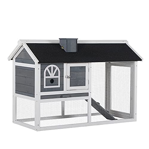 Image of PawHut 2 Tiers Rabbit Hutch and Run Wooden Guinea Pig Hutch Outdoor with Sliding Tray, Ramp, Water-resistant Roof, for 2-4 Rabbits, Grey