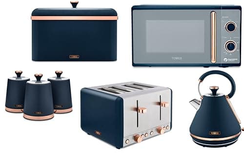 Image of Tower Cavaletto 1.7L 3KW Pyramid Kettle, 4 Slice Toaster, 800W 20L Microwave, Bread Bin & Canisters Matching Kitchen Set of 7 in Midnight Blue with Rose Gold Accents