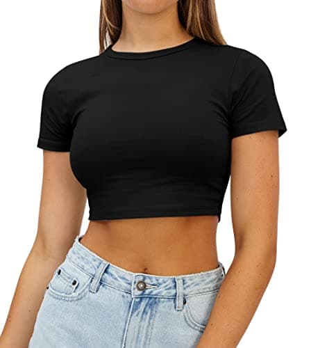 Image of AirMood Womens Crop Summer Tee Tops Short Sleeve Casual Cropped Tshirt (Black,M)