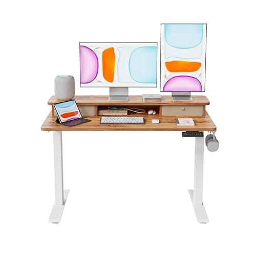 Image of FEZIBO Electric Height Adjustable Standing Desk, 120x60cm, with Double Drawers and Storage Shelf, Light Rustic