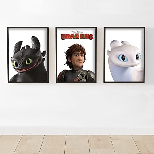 Image of Themed How To Train Your Dragon - Hiccup, Toothless and Light Fury Set of 3 Prints Wall Art Poster (Unframed, A3)