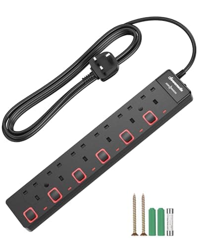 Image of DEWENWILS 6 Way Surge Protected Extension Lead, Individual Switches and Indicator Lights, Extension Cable 3M, 13 Amp 6 Gang Power Strip, 3250W, Wall Mountable, Black