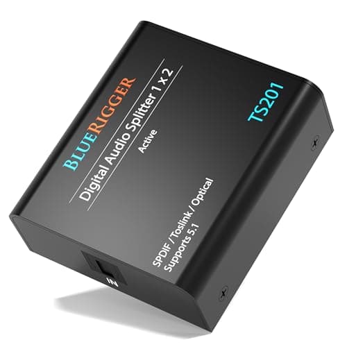 Image of BlueRigger Digital Optical Audio Splitter 1x2 - Active Toslink Splitter 1 in 2 Out, SPDIF, Fiber Optic Audio Adapter for Home Theatre, Xbox, PS5/PS4, DVD, Receiver, HDTV
