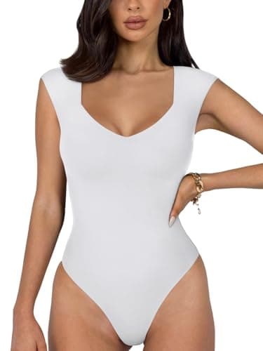 Image of REORIA Women's Summer Sexy Casual V Neck Double Lined Seamless Sleeveless Slimming One Piece Leotards Going Out Trendy Tank Top Tees Thong Bodysuits White Small