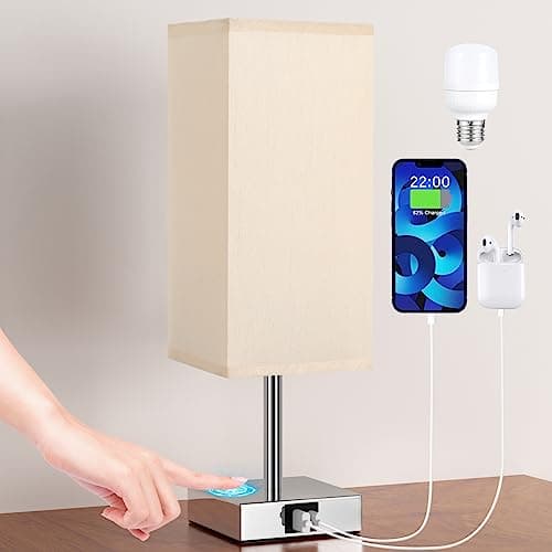Image of Aooshine Bedside Lamp, Touch Control Table Lamp with USB A+C Charging Ports, Touch Lamps Bedside with 3 Way Dimmable, Table Lamps for Bedroom Living Room with Yellow Fabric Shade (LED Bulb Included)