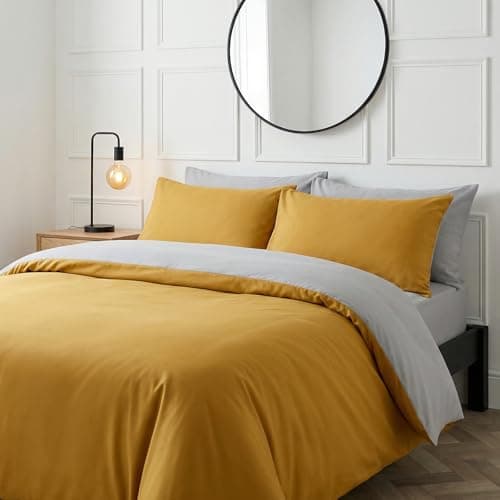 Image of Brentfords King Size Bedding Set, Ultra Soft Warm Luxurious Plain Dyed Reversible Quilt Duvet Cover King Size Duvet Cover Set with Pillowcases, Ochre Yellow Mustard/Grey