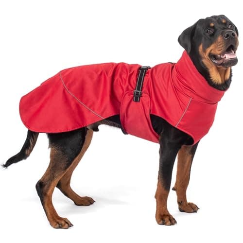 Image of Bunty Giant Waterproof Dog Coat - Adjustable Fleece Lined Jacket with Reflective Piping | Harness Hole | Dog Raincoats Waterproof for All Breeds | Giant, 65cm, Red