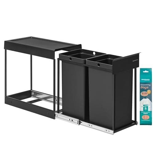 Image of SONGMICS Kitchen Bin for Recycling and Waste, Built-in Rubbish Bin for Cabinet, 2 x 4 Gallon (15 L) Double Compartments, Smooth Pull-Out Design, Steel Frame, ABS Lid, Ink Black LTB950B01