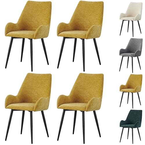 Image of MOF Set of 4 Dining Chairs with Armrests - Mid-Century Upholstered Dining Chairs with Soft Cushioned Seat & Black Metal Legs for Dining Room, Living Room, Kitchen or Vanity (Mustard Yellow)