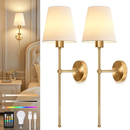 Image of Ketom 2 Pack Rechargeable Wall Lights, Battery Wall Lights Indoor, 3 Color Temperature, 8 RGB Colors Dimmable, Wireless Sconce for Bedroom, with Charging Bulbs and Remote, Fabric Shade, Gold