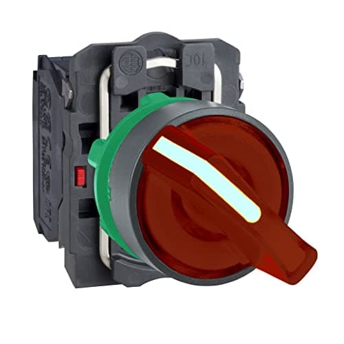 Image of Schneider Electric Illuminated selector switch, Harmony XB5, grey plastic, red handle, 22mm, 2 positions, universal LED, 1NO + 1NC, 24V AC DC