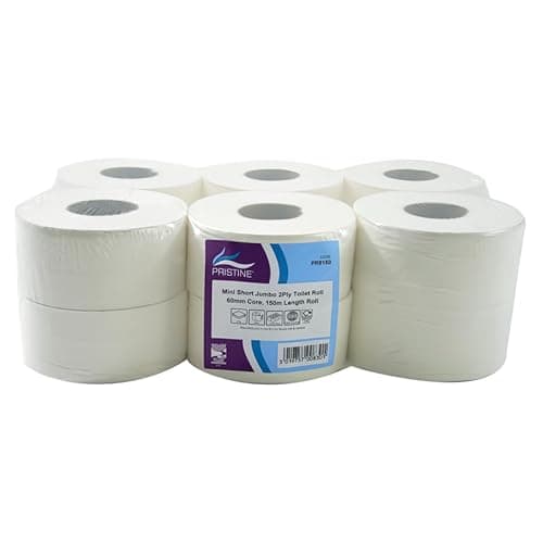 Image of Pristine Mini Jumbo White Toilet Tissue, 2-Ply, 60mm Core, 150m Length, Soft to Touch 100 Percent Recycled Pulp Tissue, CHSA and FSC Accredited, UK Made (Case of 12 Rolls)