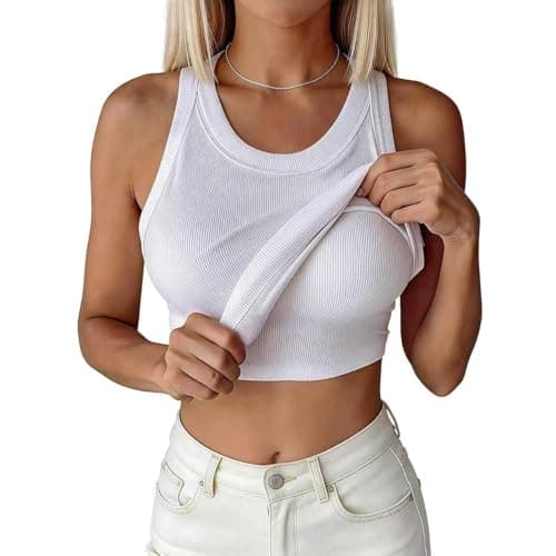 Image of Built in Bra Tank Top, Womens Vest Tops with Builts in Bra UK, White Ribbed 2026 Summer Scoop Neck Sleeveless Basic Tee Fitted Versatile Style Trendy Clothes for Exercise/Work/Daily Life