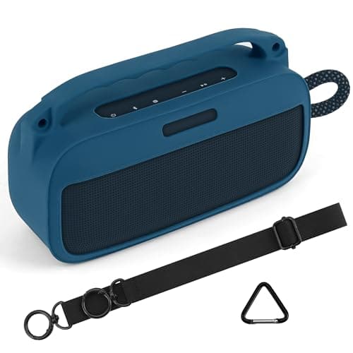 Image of Geekria Silicone Speaker Case Cover Compatible with Bose SoundLink Plus, Protective Soft Skin, Replacement Portable Speakers Travel Carrying Sleeve with Shoulder Strap (Navy Blue)