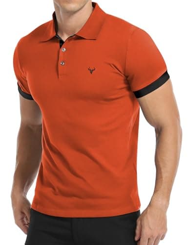 Image of KUYIGO Men's Short Sleeve Polo Shirts Slim Fit Classic Exquisite Embroidery Golf Tennis Cotton Shirt M Orange