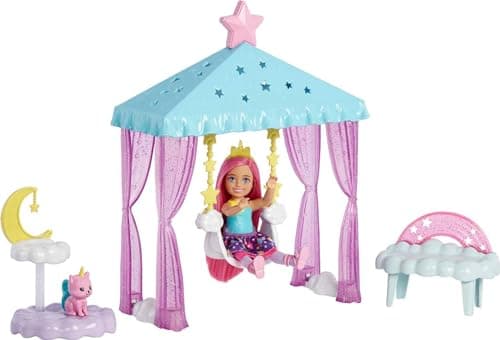 Image of Barbie Dreamtopia Chelsea Small Doll and Accessories, Playset with Gazebo Swing, Kitten and More, HLC27