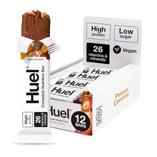 Image of Huel Complete Nutrition Bar, 12 x 51g Bars, Peanut Caramel, High Protein Bar, Plant-Based Protein Bars, Low Sugar, High Fibre, High-Protein Snack with Vegan Chocolate, Under 200 Calories