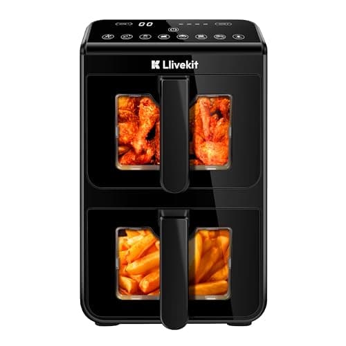 Image of LLIVEKIT 10L Double Stack Air Fryer XXL, 9-in-1 AirFryer with 2 Vertical Drawers & Viewing Window, 90% Oil Saving, Smart Finish & Sync Cook, 2460W, Reheat Function, Large Air Fryer