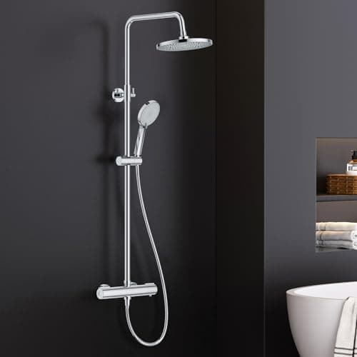 Image of FORIOUS Thermostatic Shower Mixer Set,Stainless Steel Shower Bar Set with Adjustable Height Shower Rod, 25cm Round Overhead RainfallShower,3 Jet Types HandShower,Thermostatic Shower System Chrom