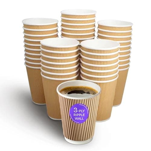 Image of We Can Source It Ltd - 50 x 12oz Ripple Brown Kraft Paper Cups - Strong 3-PLY Disposable Insulated Coffee Cups - Leak-Proof Recyclable Drinking Cups for Hot Drinks, Tea, Coffee and Beverages