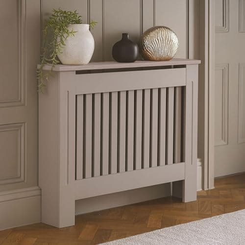 Image of Neo Grey Decorative Radiator Cover Cabinet Wood Panel Slatted Front Compact Heater Design Console Table (Medium H82 x W112 x D19 cm)
