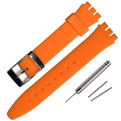 Image of Rihahisy Silicone Rubber Watch Strap/Watch Band Replacement with Stainless steel silver buckle for Swatch (20mm, Orange)