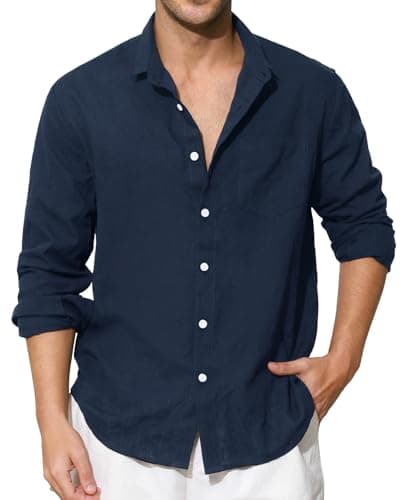 Image of Enlision Mens Navy Blue Linen Shirts Long Sleeve Shirt Casual Cotton Henley Shirts Button-Down Beach Summer Shirt Solid Color with Pocket M