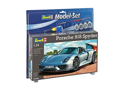 Image of Revell Model Set 67026 Porsche 918 Spyder 1:24 Scale Unbuilt/Unpainted Plastic Model Kit with Contacta Professional Glue, Paintbrush & Selected Aqua Color Paints