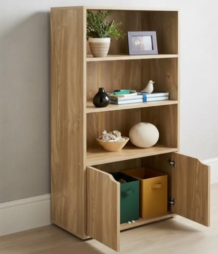 Image of DEENZ 3 Open Adjustable Shelf Tier Bookcase Solid Oak Wood Finish Cupboard 2 Doors Cabinet Display Home Decor Storage Unit Modern Lines Cube Rack Furniture Floor Mount Heavy Duty 120 X 58 X 29 Cm