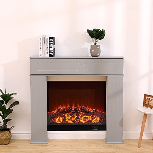 Image of FUSIDE Fireplace Surround Wooden Storage Freestanding Fireplace Cover,3 Hidden Storage Shelf,Grey Painted,107x18x100cm(Without Fire)(WxDxH)