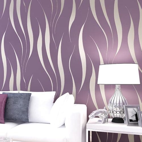 Image of Anttyscar 3D Abstract Purple Wallpaper Non-Woven Wave Stripes Roll 3D Embossed Wave Wallpaper Purple Silver Glitter Wallpapers Feature Stripe Modern Geometric Patterned for Livingroom Bedroom