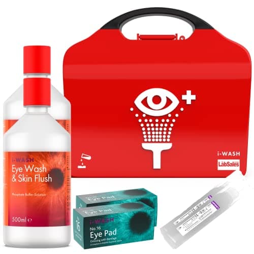 Image of I-Wash - Chemical Splash & Wash First Aid Kit Station, Two Sterile 500ml Phosphate Buffer Bottles, Eye Pads and 20ml Eyewash Pods, Bright Stand Out Wall Mounted Box Made of 100% Recycled Plastic