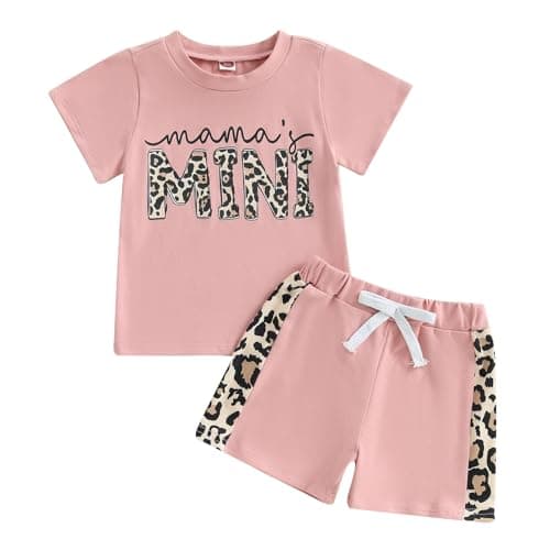 Image of XIXIMAON Toddler Baby Girl Clothes Leopard Letter Print Short Sleeve T-Shirt Tops Elastic Waist Patchwork Shorts Set 2pcs Kids Girls Summer Outfit (Pink, 6-12 Months)