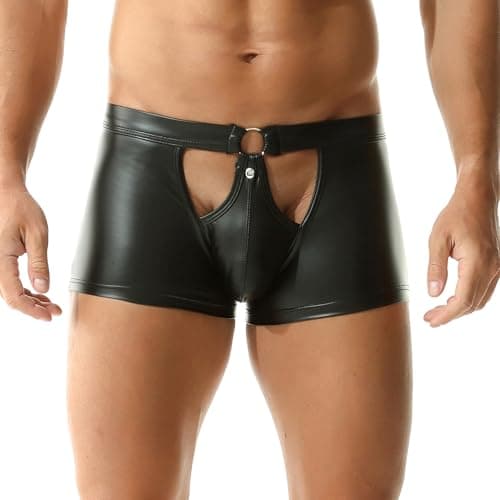 Image of QiaTi Men’s Black Faux Leather Shorts Stylish Silm Fit Hot Shorts Rave Short Pants for Men