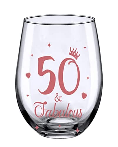 Image of JUWNMANT 50th Birthday Gifts, Men and Women Cheers Wine Glasses, 50th Birthday Party Wedding Anniversary Decor Gift, 17oz Stemless (50 and Fabulous)