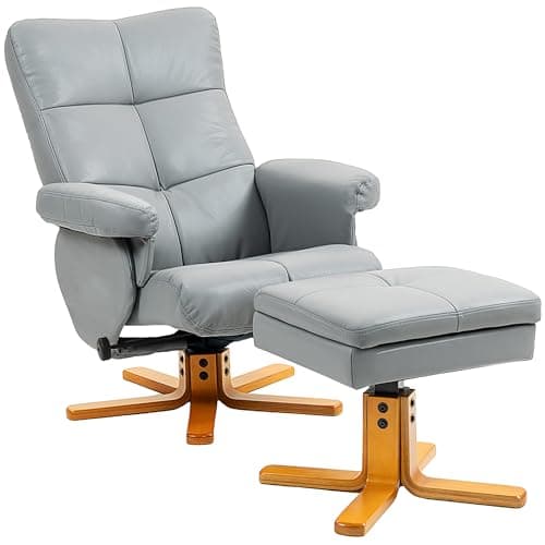 Image of HOMCOM PU Leather Swivel Recliner Chair with Footstool, Wooden Base and Storage for Living Room, Light Grey