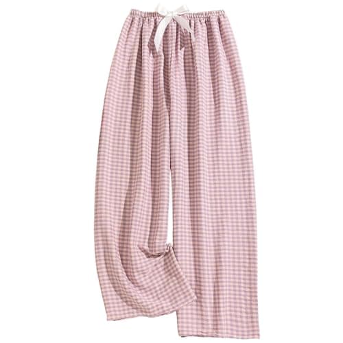Image of NSICBMNO Pink Wide Leg Trousers for Women UK Plaid Pyjama Bottoms Elasticated Waist Summer Trousers Palazzo Pants Loose Lounge Pant Flared Leggings Checked Pj Bottoms for Night Sleep Loungewear