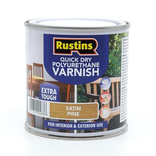 Image of RustinsQuick Dry Poly Varnish Satin Pine 250ml -Tough, Water-Based Clear Finish in Gloss, Matt or Satin; Durable Protection for Interior Wood, Furniture and Floors