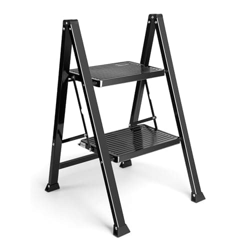Image of VonHaus Slim 2 Step Ladder with Anti Slip Steps and Feet - Black Lightweight Folding Stepladder - 150KG Max Capacity, Easy to Store - Ideal for Home/Kitchen/Garage Household Ladder