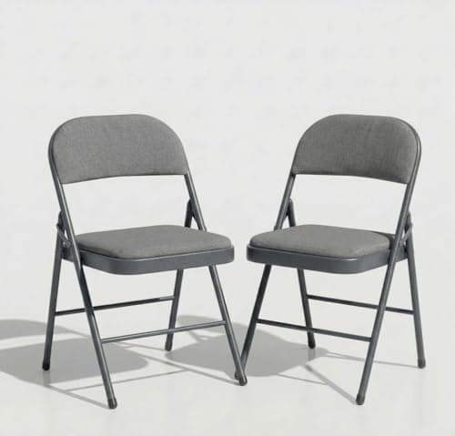 Image of SuperGift.com 2x Grey Fabric Padded Folding Chair with Backrest, Heavy Duty Steel Frame Foldable Chair for Home, Garden, Office and Desk Use