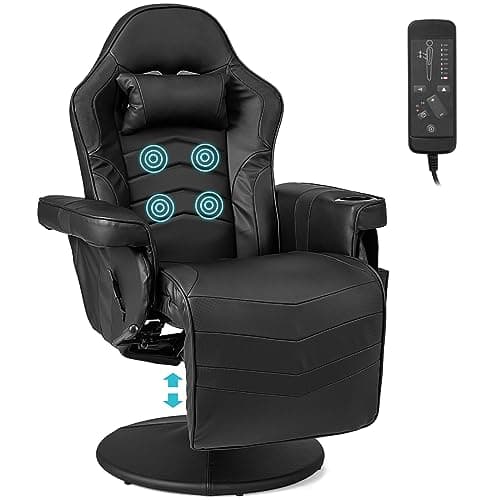 Image of COSTWAY Massage Gaming Chair, Height Adjustable Swivel Racing Video Gaming Recliner with Retractable Footrest, Headrest and Cup Holder, Ergonomic High Back PU Leather Executive Desk Chair (Black)